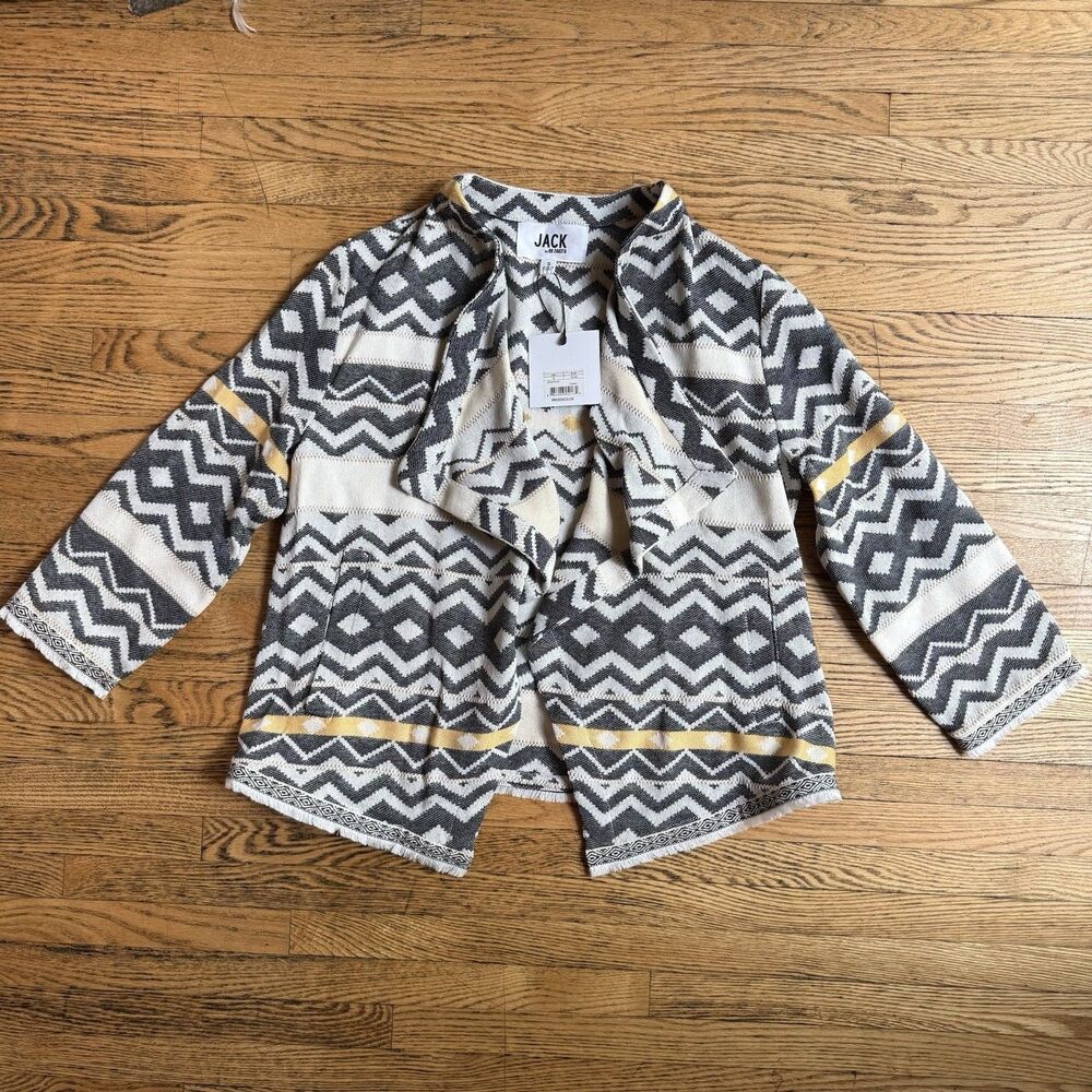 BB Dakota Aztec Cropped Blazer Woman’s S Gray Tapestry Boho Asymmetrical Fringe